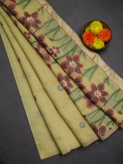 Pale Yellow and Red Thread Woven Butta Jamdhani Cotton Saree